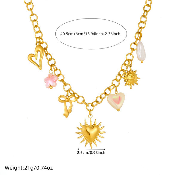 Wholesale Women's Chic Style Goldplated Heart Shape Stainless Steel Flash O Chain Clavicle Necklace With Heart Bow Pendant