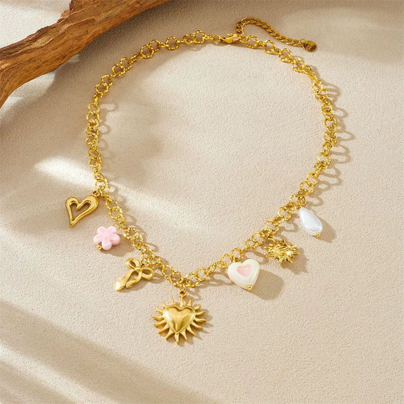 Wholesale Women's Chic Style Goldplated Heart Shape Stainless Steel Flash O Chain Clavicle Necklace With Heart Bow Pendant