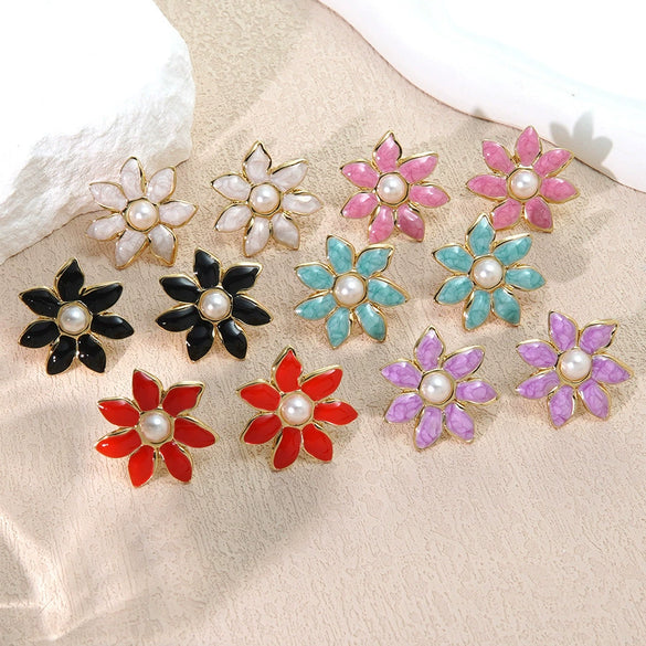 Wholesale Women's Chic Style Oil Drip Flower Stainless Steel Stud Earrings