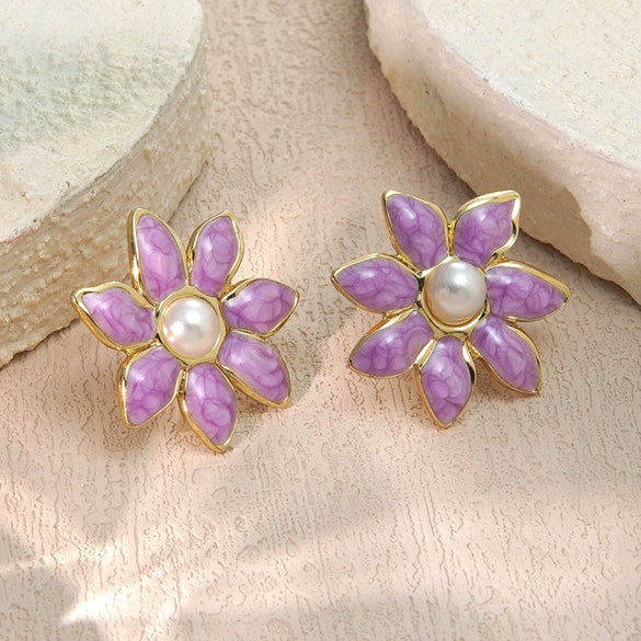 Wholesale Women's Chic Style Oil Drip Flower Stainless Steel Stud Earrings
