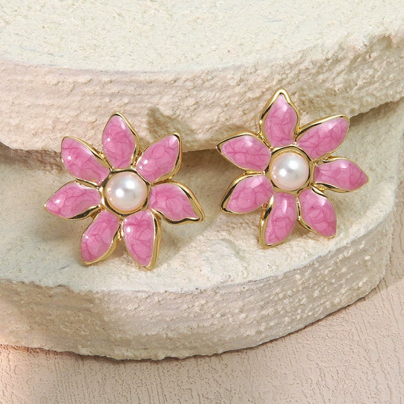 Wholesale Women's Chic Style Oil Drip Flower Stainless Steel Stud Earrings