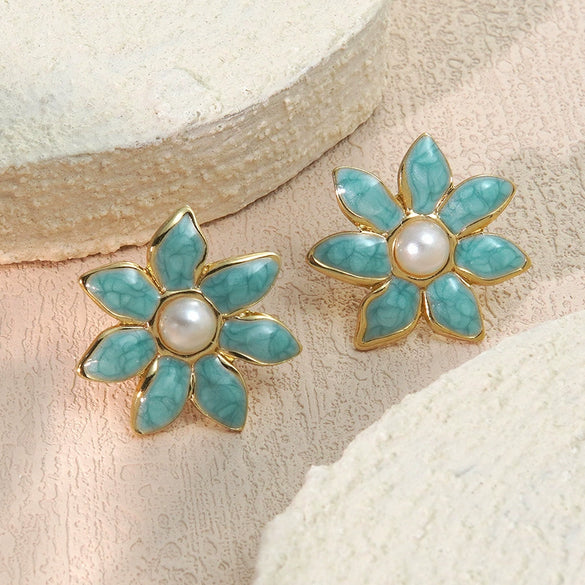 Wholesale Women's Chic Style Oil Drip Flower Stainless Steel Stud Earrings