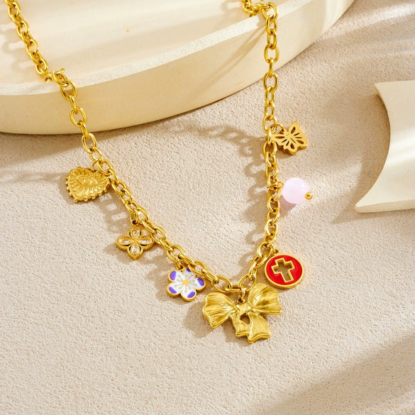 Wholesale Women's Chic Style Stainless Steel Electroplated Heart Shape Flower Bow Tie Pendant Necklace