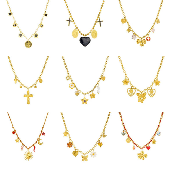 Wholesale Women's Chic Style Stainless Steel Electroplated Heart Shape Flower Bow Tie Pendant Necklace