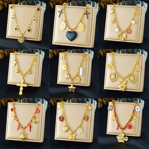 Wholesale Women's Chic Style Stainless Steel Electroplated Heart Shape Flower Bow Tie Pendant Necklace