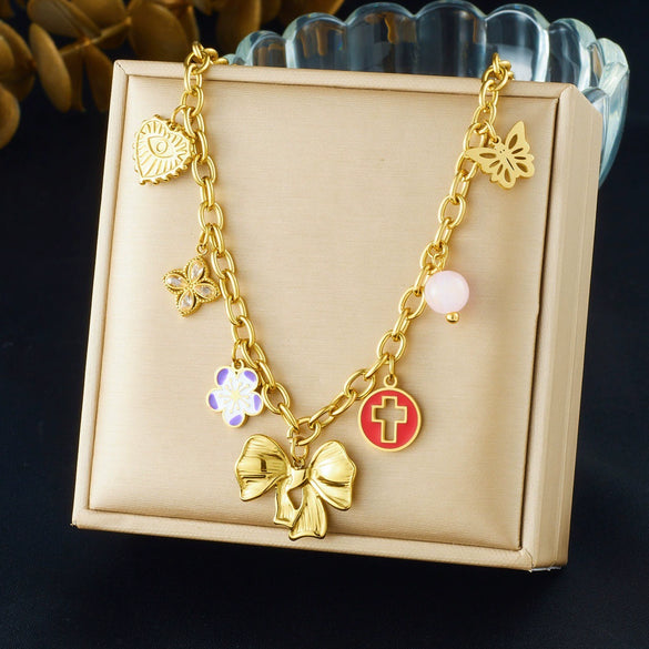 Wholesale Women's Chic Style Stainless Steel Electroplated Heart Shape Flower Bow Tie Pendant Necklace