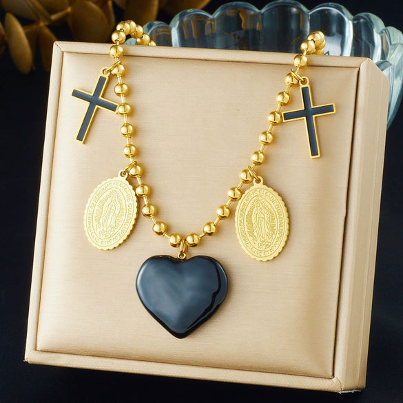 Wholesale Women's Chic Style Stainless Steel Electroplated Heart Shape Flower Bow Tie Pendant Necklace