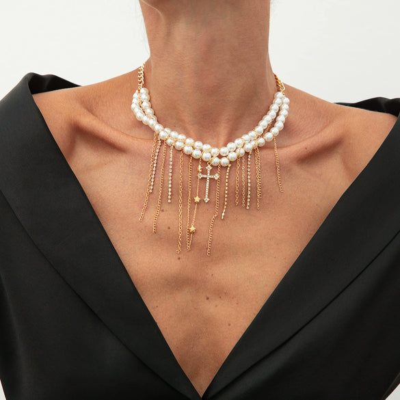 Wholesale Women's Clavicle Necklace Imitation Pearl Iron Chain Copperclad Iron Chain Geometric Electroplating