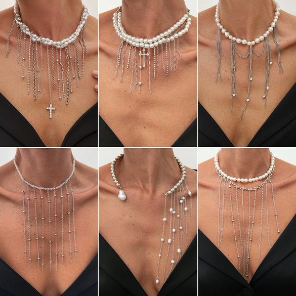 Wholesale Women's Clavicle Necklace Imitation Pearl Iron Chain Copperclad Iron Chain Geometric Electroplating