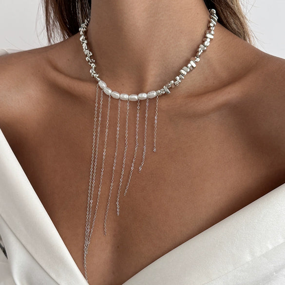 Wholesale Women's Clavicle Necklace Imitation Pearl Iron Chain Copperclad Iron Chain Geometric Electroplating