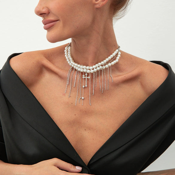 Wholesale Women's Clavicle Necklace Imitation Pearl Iron Chain Copperclad Iron Chain Geometric Electroplating