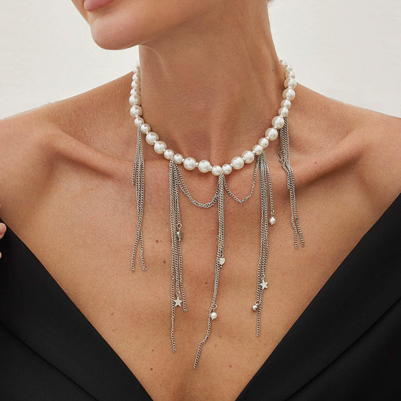 Wholesale Women's Clavicle Necklace Imitation Pearl Iron Chain Copperclad Iron Chain Geometric Electroplating