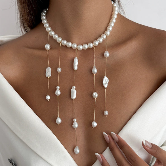 Wholesale Women's Clavicle Necklace Imitation Pearl Iron Chain Copperclad Iron Chain Geometric Electroplating
