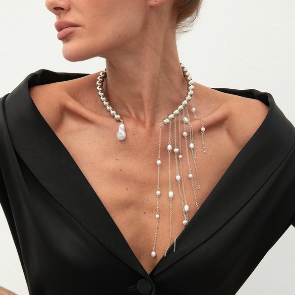 Wholesale Women's Clavicle Necklace Imitation Pearl Iron Chain Copperclad Iron Chain Geometric Electroplating