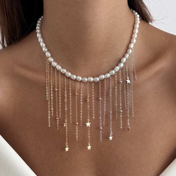 Wholesale Women's Clavicle Necklace Imitation Pearl Iron Chain Copperclad Iron Chain Geometric Electroplating