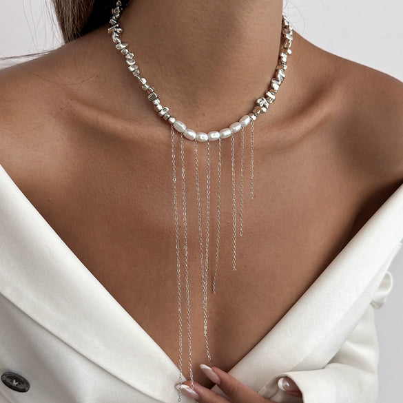 Wholesale Women's Clavicle Necklace Imitation Pearl Iron Chain Copperclad Iron Chain Geometric Electroplating