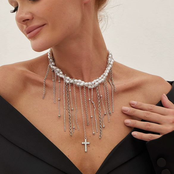 Wholesale Women's Clavicle Necklace Imitation Pearl Iron Chain Copperclad Iron Chain Geometric Electroplating