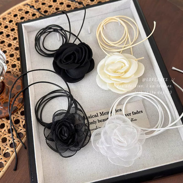 Wholesale Women's Cloth Rose Flower Handmade Rope Chain Necklace