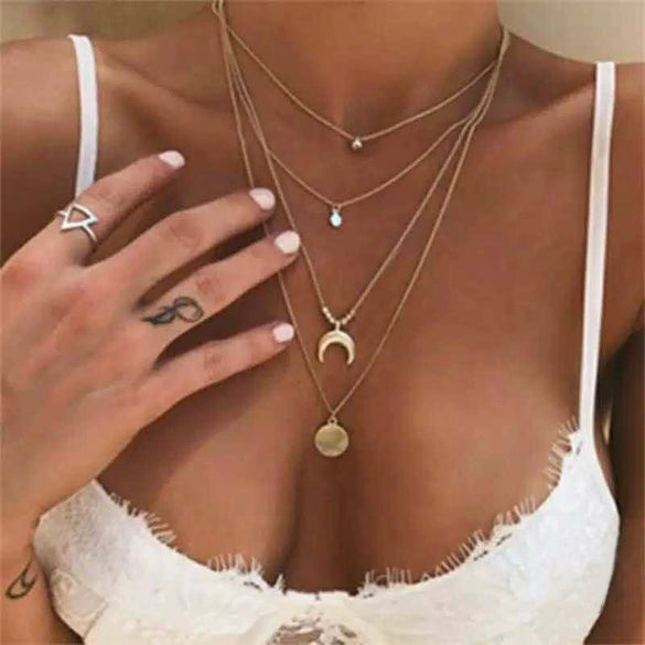 Wholesale Women's Cold Style Metal Multilayer Necklace With Cross Moon Star Pendant Alloy Material Twisted Chain Electroplating Process
