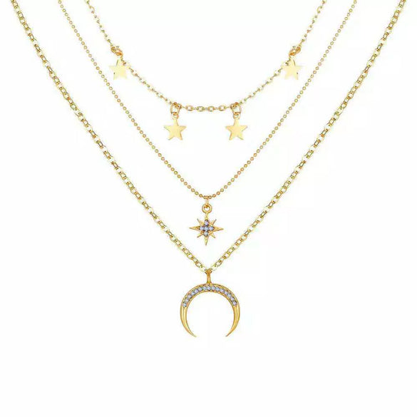 Wholesale Women's Cold Style Metal Multilayer Necklace With Cross Moon Star Pendant Alloy Material Twisted Chain Electroplating Process