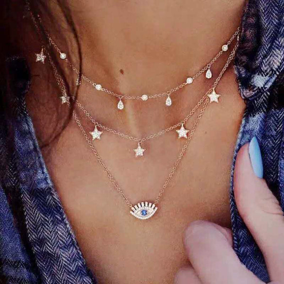 Wholesale Women's Cold Style Metal Multilayer Necklace With Cross Moon Star Pendant Alloy Material Twisted Chain Electroplating Process