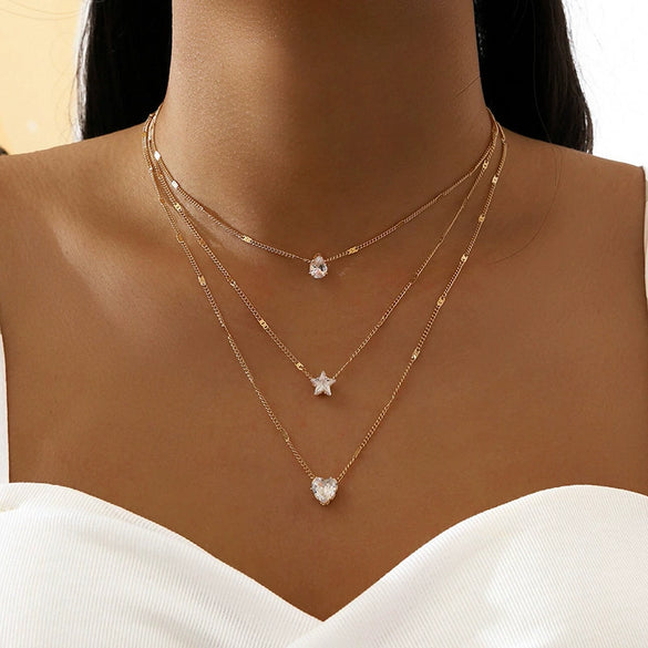 Wholesale Women's Cold Style Metal Multilayer Necklace With Cross Moon Star Pendant Alloy Material Twisted Chain Electroplating Process
