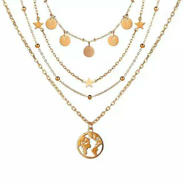 Wholesale Women's Cold Style Metal Multilayer Necklace With Cross Moon Star Pendant Alloy Material Twisted Chain Electroplating Process