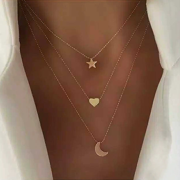Wholesale Women's Cold Style Metal Multilayer Necklace With Cross Moon Star Pendant Alloy Material Twisted Chain Electroplating Process