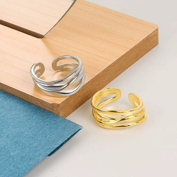 Wholesale Women's Cold Style Multilayer Twisted Matte Copper Ring With Geometric Pattern And Electroplating Process