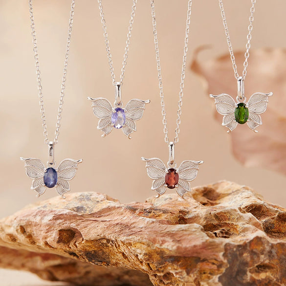 Wholesale Women's Colored Gemstone Necklace Butterfly Style S925 Sterling Silver Inlaid With Natural Sapphire Tanzanite Animal Zodiac Design