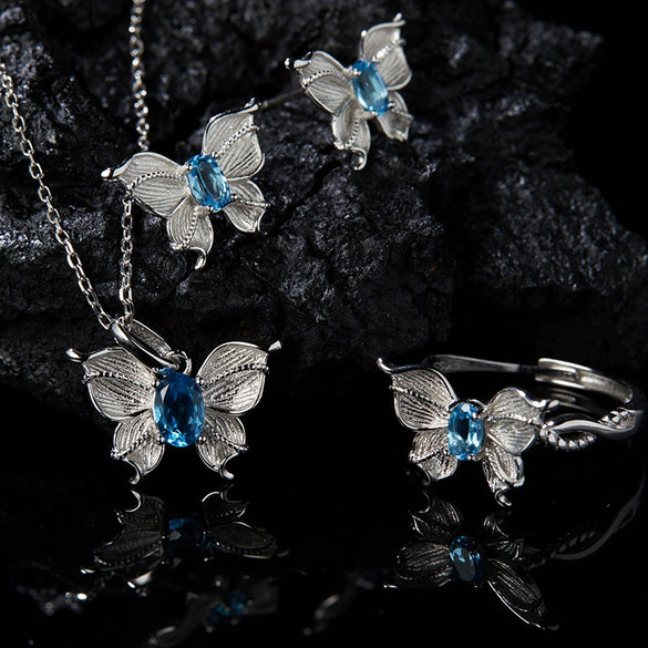 Wholesale Women's Colored Gemstone Necklace Butterfly Style S925 Sterling Silver Inlaid With Natural Sapphire Tanzanite Animal Zodiac Design