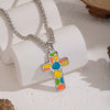 Wholesale Women's Colorful Enamel Geometric Cross Pendant Necklace With 18K Real Gold Plating Stainless Steel