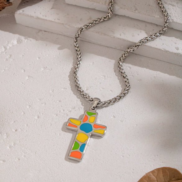 Wholesale Women's Colorful Enamel Geometric Cross Pendant Necklace With 18K Real Gold Plating Stainless Steel