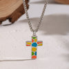 Wholesale Women's Colorful Enamel Geometric Cross Pendant Necklace With 18K Real Gold Plating Stainless Steel