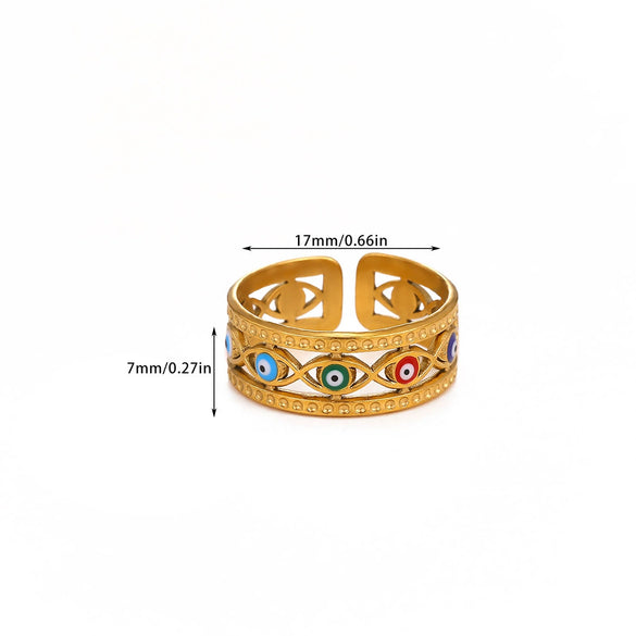 Wholesale Women's Colorful Oil Dripping Devil's Eye Heart Shape Stainless Steel 18K Gold Plated Inlaid With Gold Retro Open Ring