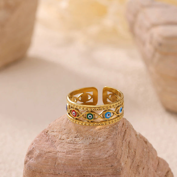 Wholesale Women's Colorful Oil Dripping Devil's Eye Heart Shape Stainless Steel 18K Gold Plated Inlaid With Gold Retro Open Ring