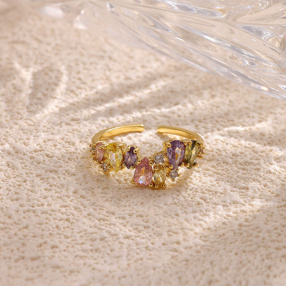 Wholesale Women's Colorful Zircon Geometric Heartshaped Copper Ring Inlaid With Gold