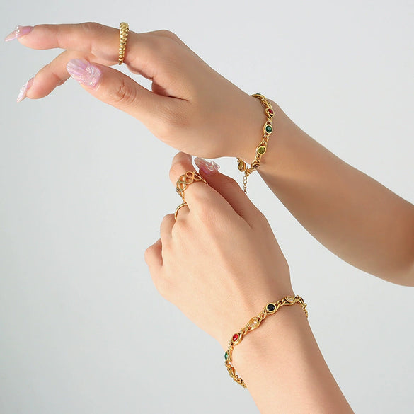 Wholesale Women's Colorful Zircon Stitching Copper Chain Necklace And Bracelet Set With Fish Eye Design Electroplated