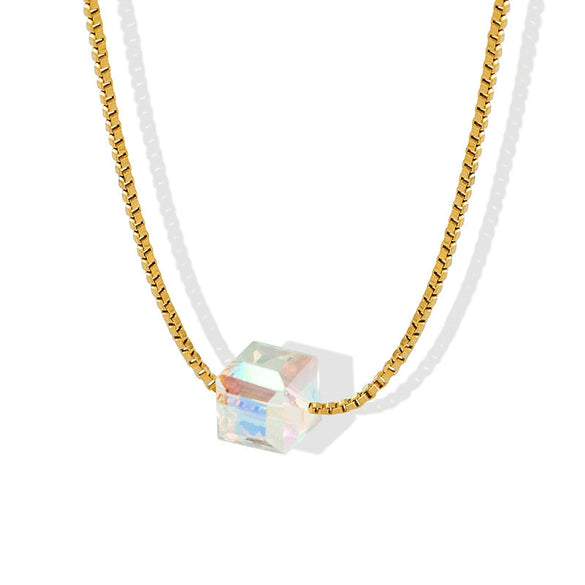 Wholesale Women's Commuter Glass Crystal Pendant Titanium Steel Necklace With Geometric Pattern And Electroplating Snake Bone Chain