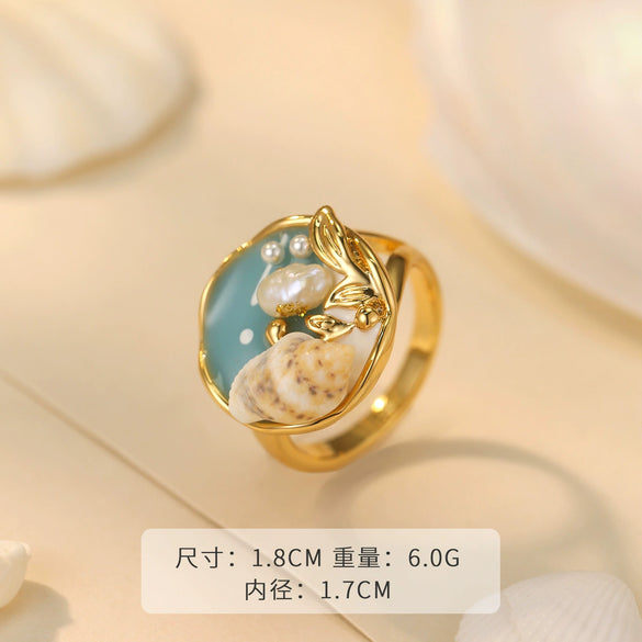 Wholesale Women's Conch Ring Copper Geometric Style Electroplating Natural Freshwater Pearl Open Ring