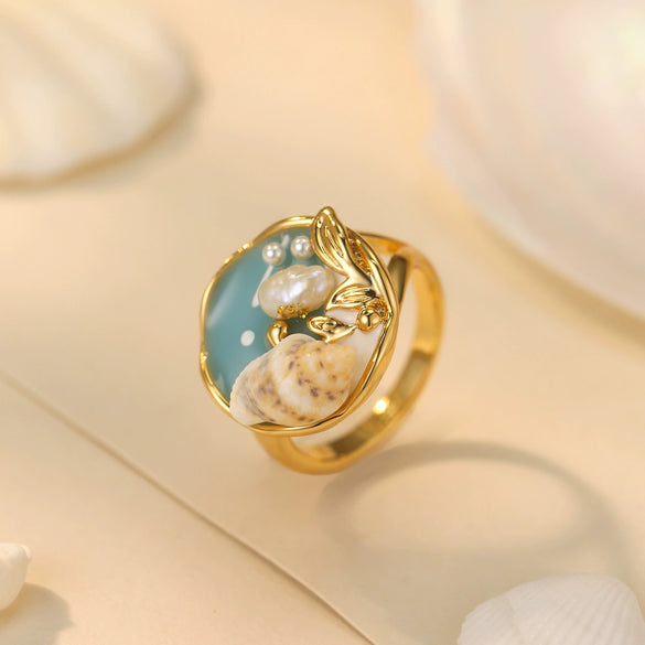 Wholesale Women's Conch Ring Copper Geometric Style Electroplating Natural Freshwater Pearl Open Ring