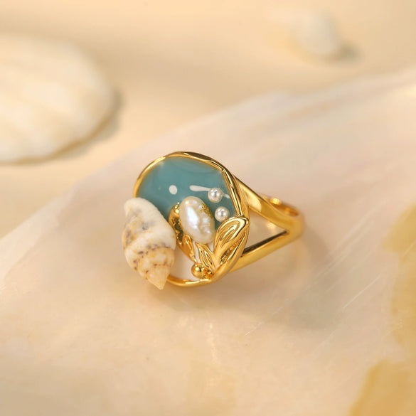 Wholesale Women's Conch Ring Copper Geometric Style Electroplating Natural Freshwater Pearl Open Ring