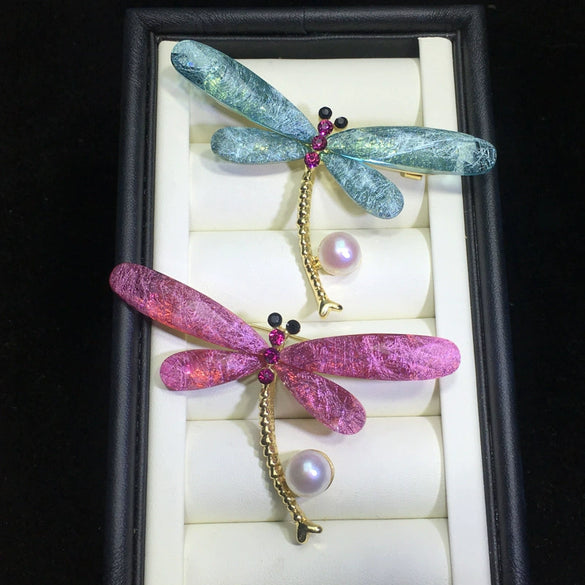 Wholesale Women's Copper Alloy Natural Freshwater Pearl Dragonfly Insects Brooch Coat Accessories With Electroplating