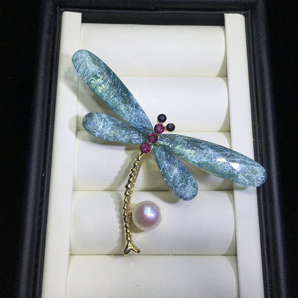 Wholesale Women's Copper Alloy Natural Freshwater Pearl Dragonfly Insects Brooch Coat Accessories With Electroplating