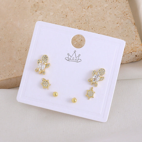Wholesale Women's Copper Animal Dragonfly Cat Ear Jewelry Electroplated Small Fresh Style Earrings Card Set