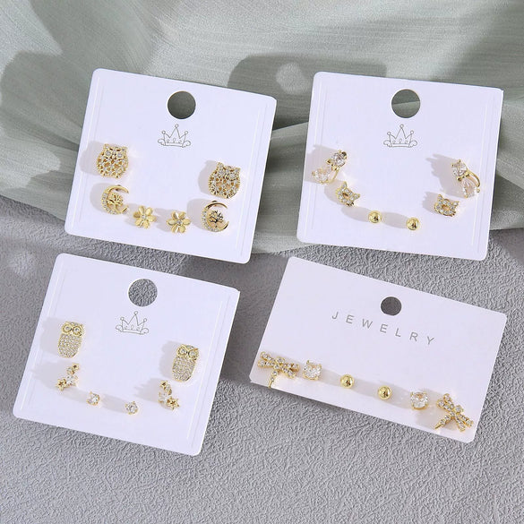 Wholesale Women's Copper Animal Dragonfly Cat Ear Jewelry Electroplated Small Fresh Style Earrings Card Set