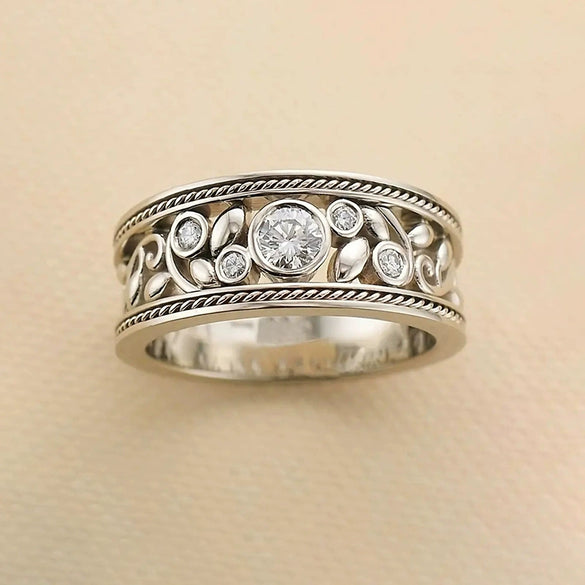 Wholesale Women's Copper Baroque Style Hollow Flower Geometric Inlaid Zircon Ring