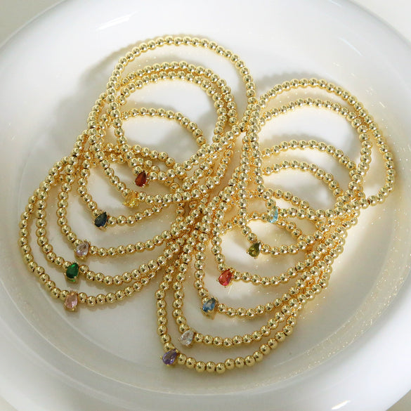 Wholesale Women's Copper Beaded Elastic Wire Bracelet With Drop Shape Zircon And Twelve Birthstone Electroplated
