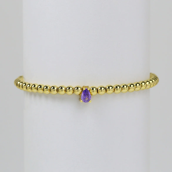 Wholesale Women's Copper Beaded Elastic Wire Bracelet With Drop Shape Zircon And Twelve Birthstone Electroplated