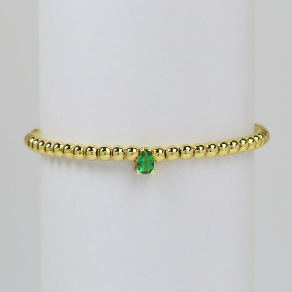 Wholesale Women's Copper Beaded Elastic Wire Bracelet With Drop Shape Zircon And Twelve Birthstone Electroplated